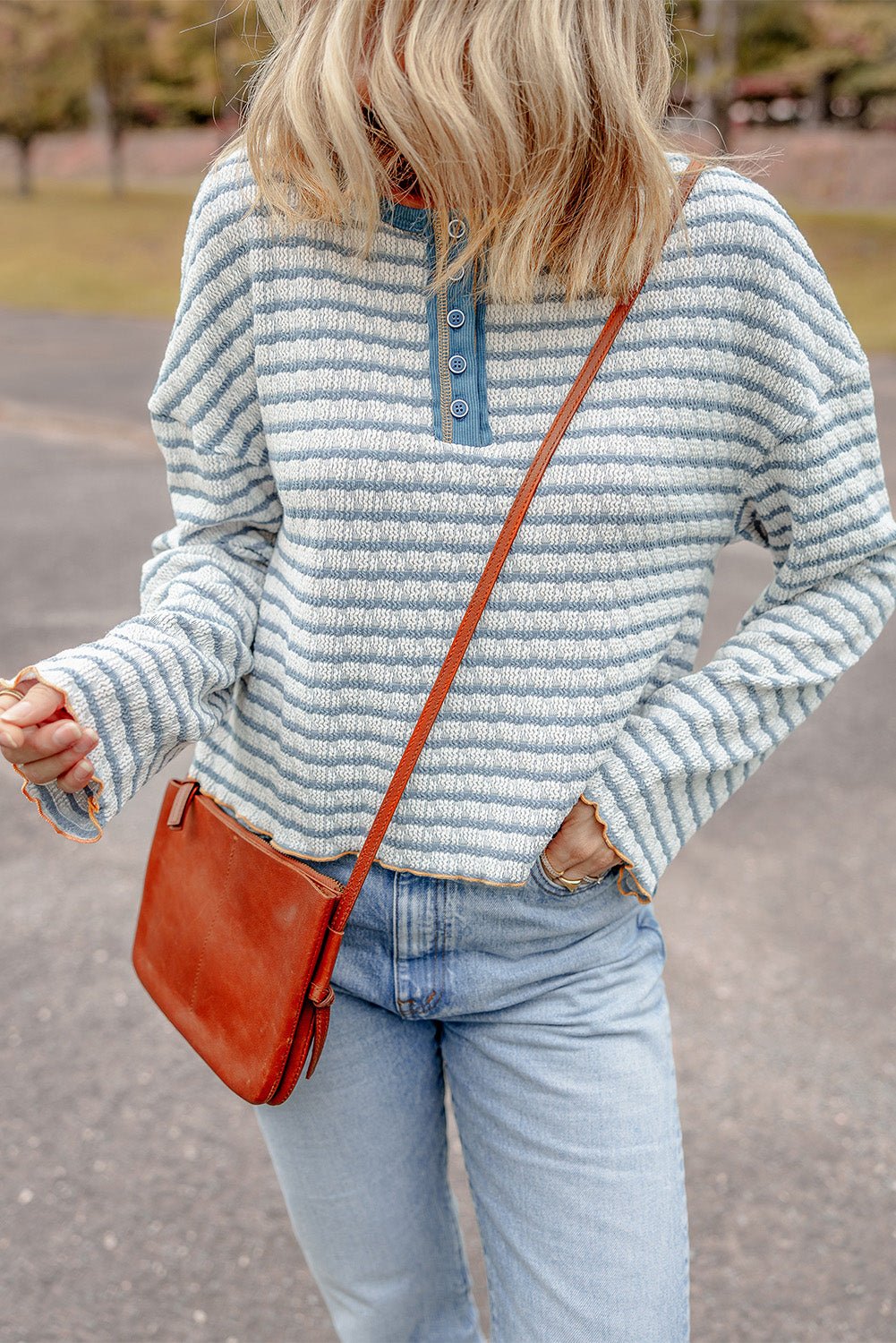 Sky Blue Stripe Textured Frilly Trim Buttons Henley Long Sleeve Top - Bold Rose Boutique