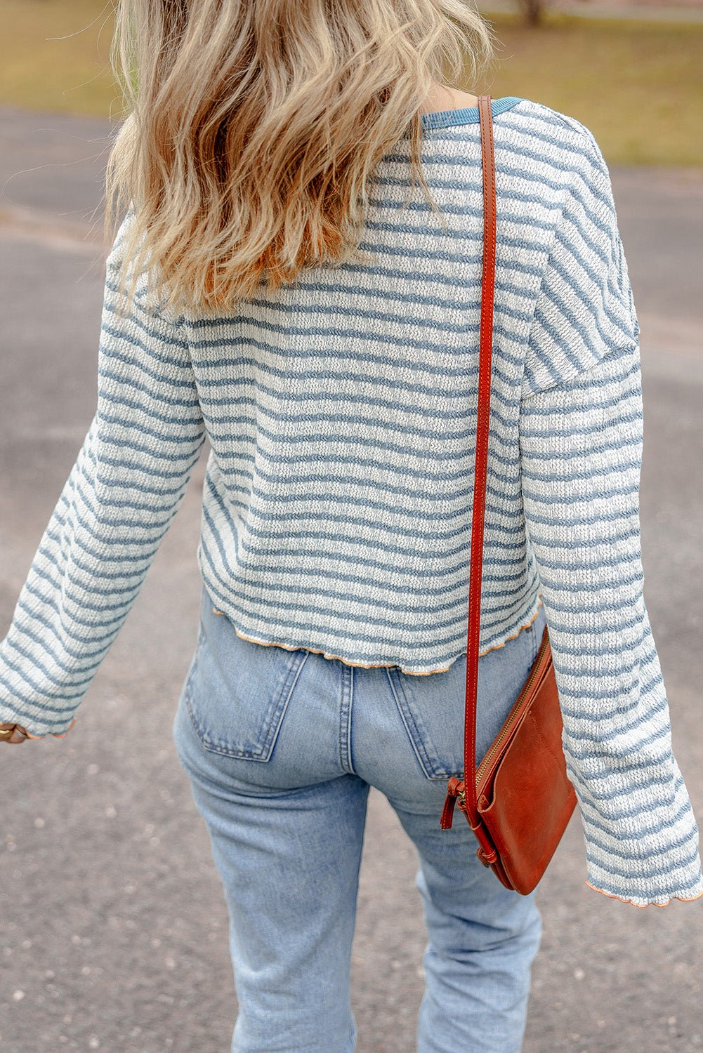 Sky Blue Stripe Textured Frilly Trim Buttons Henley Long Sleeve Top - Bold Rose Boutique