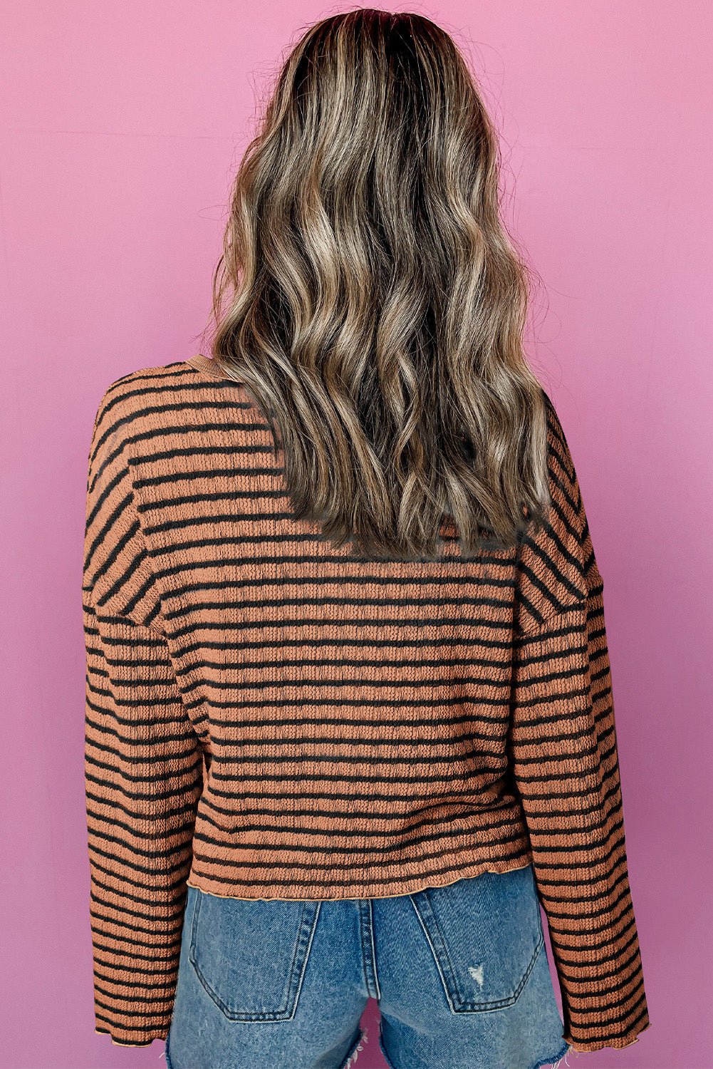 Sky Blue Stripe Textured Frilly Trim Buttons Henley Long Sleeve Top - Bold Rose Boutique