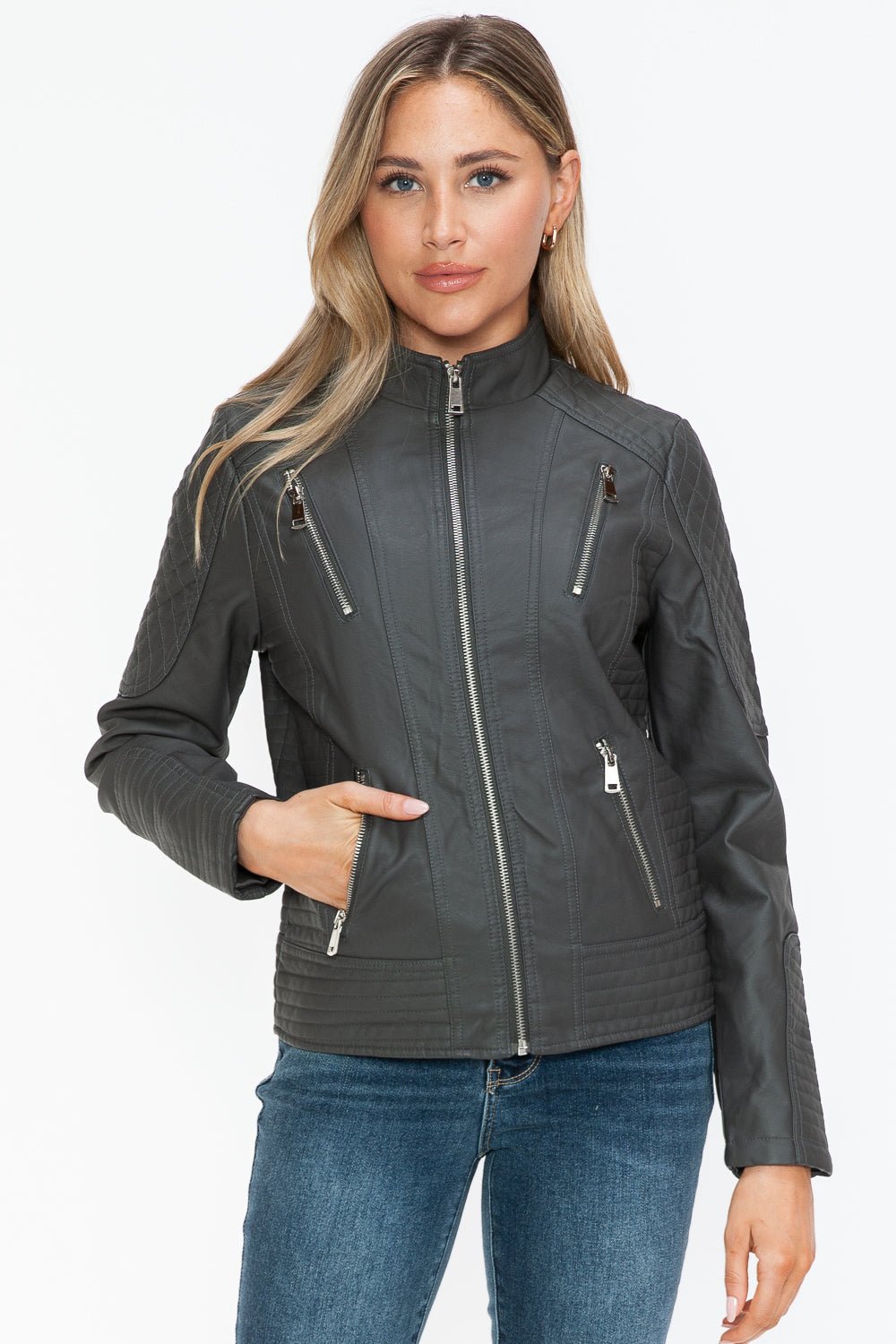 Snobbish Faux Leather Zip Up Mock Neck Jacket - Bold Rose Boutique