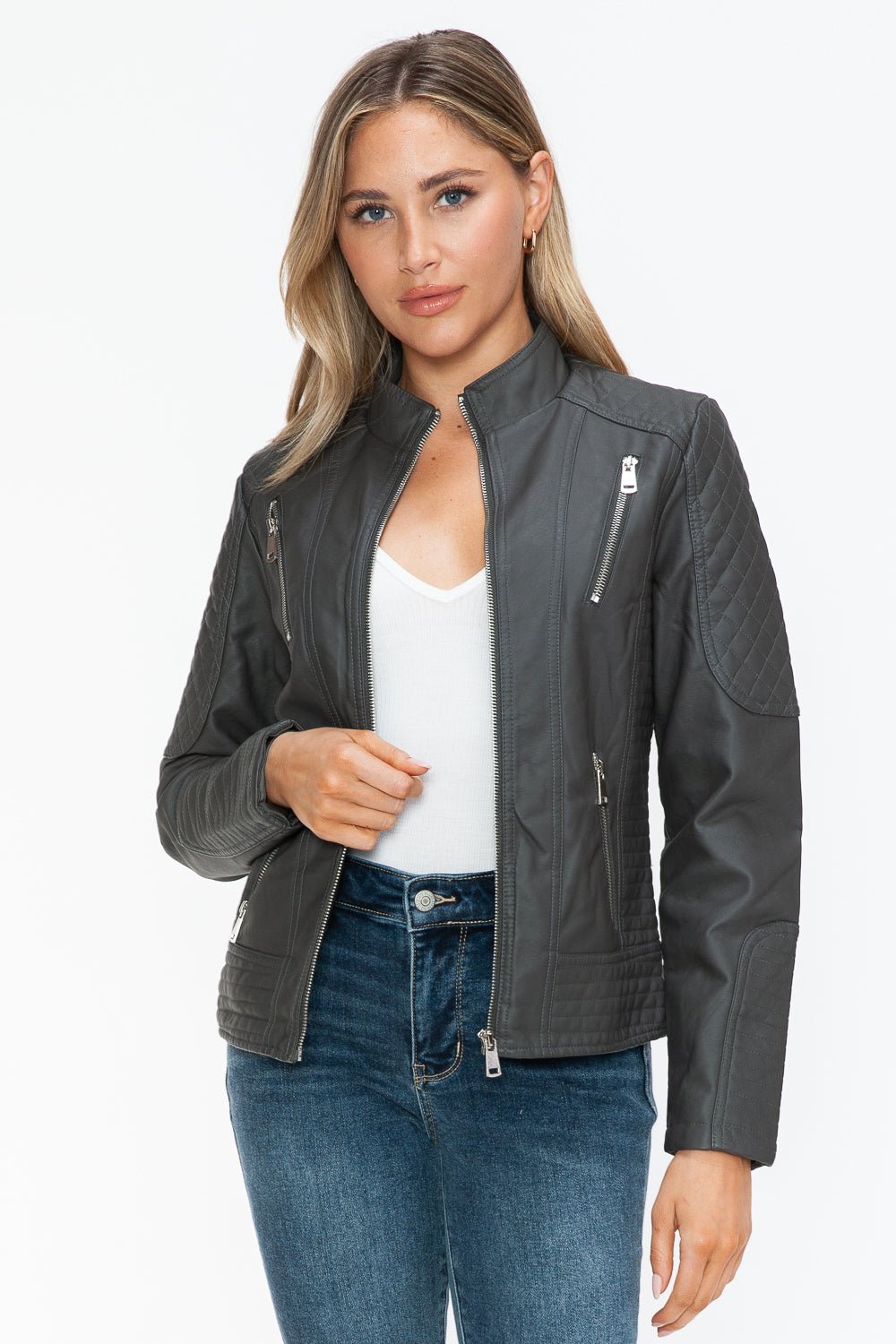 Snobbish Faux Leather Zip Up Mock Neck Jacket - Bold Rose Boutique