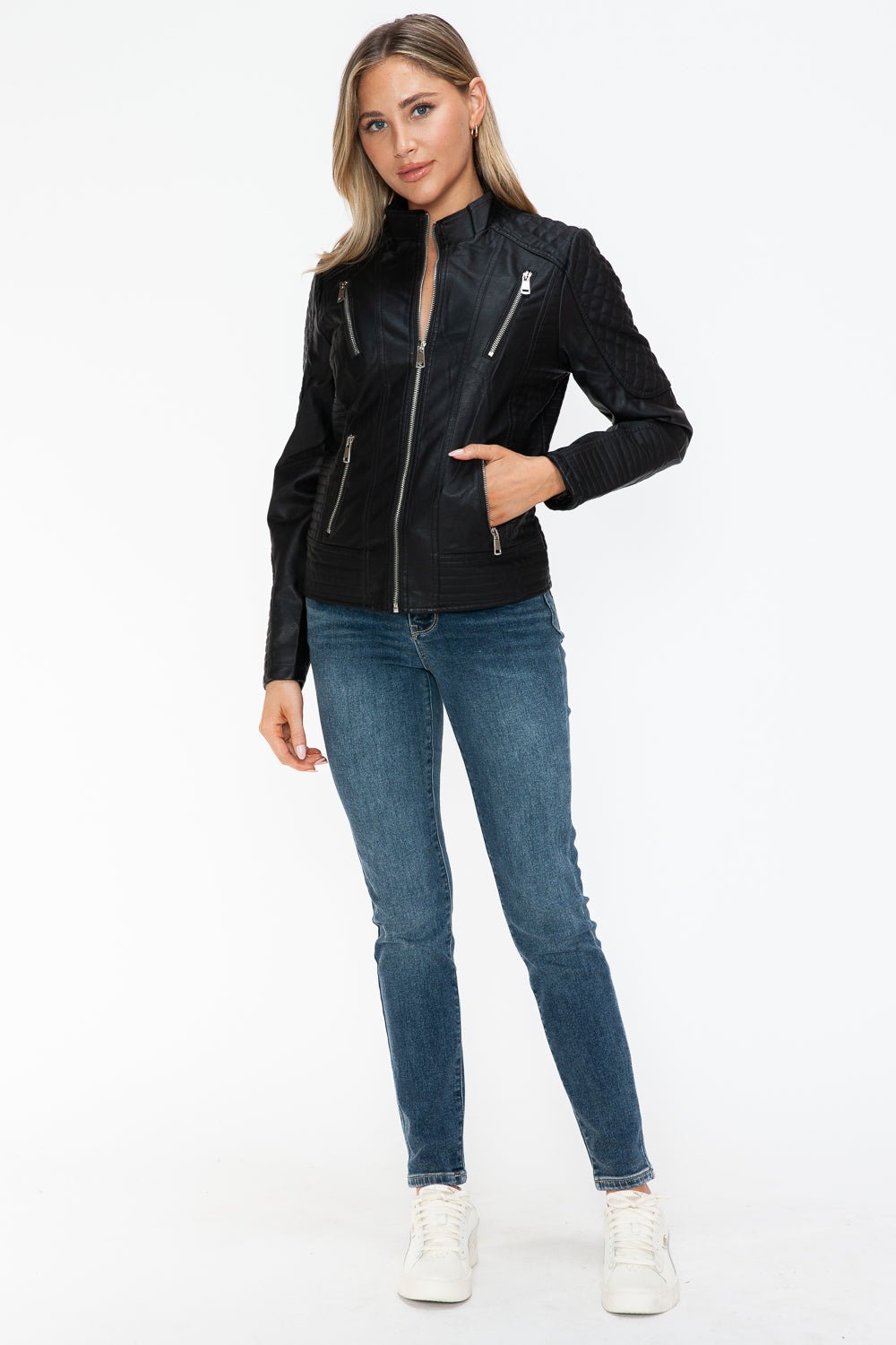 Snobbish Faux Leather Zip Up Mock Neck Jacket - Bold Rose Boutique