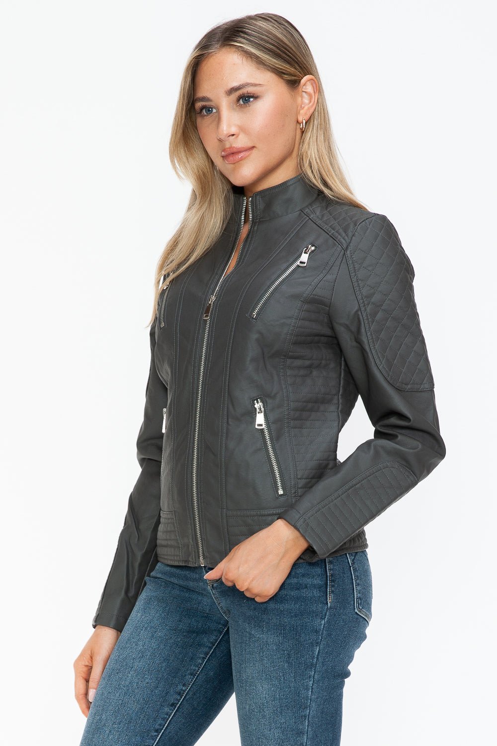 Snobbish Faux Leather Zip Up Mock Neck Jacket - Bold Rose Boutique