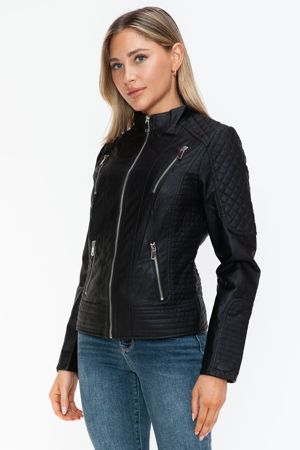 Snobbish Faux Leather Zip Up Mock Neck Jacket - Bold Rose Boutique