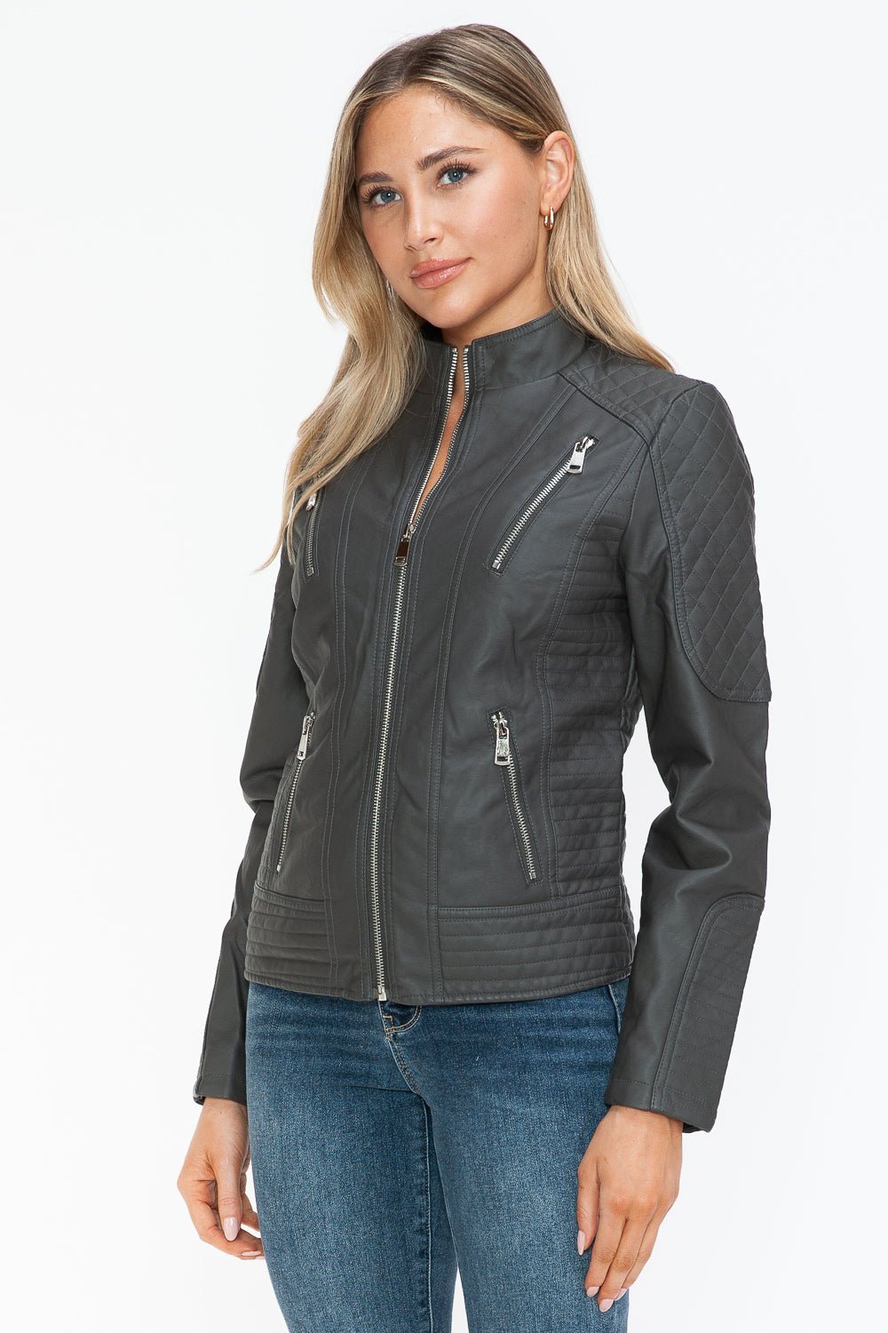 Snobbish Faux Leather Zip Up Mock Neck Jacket - Bold Rose Boutique