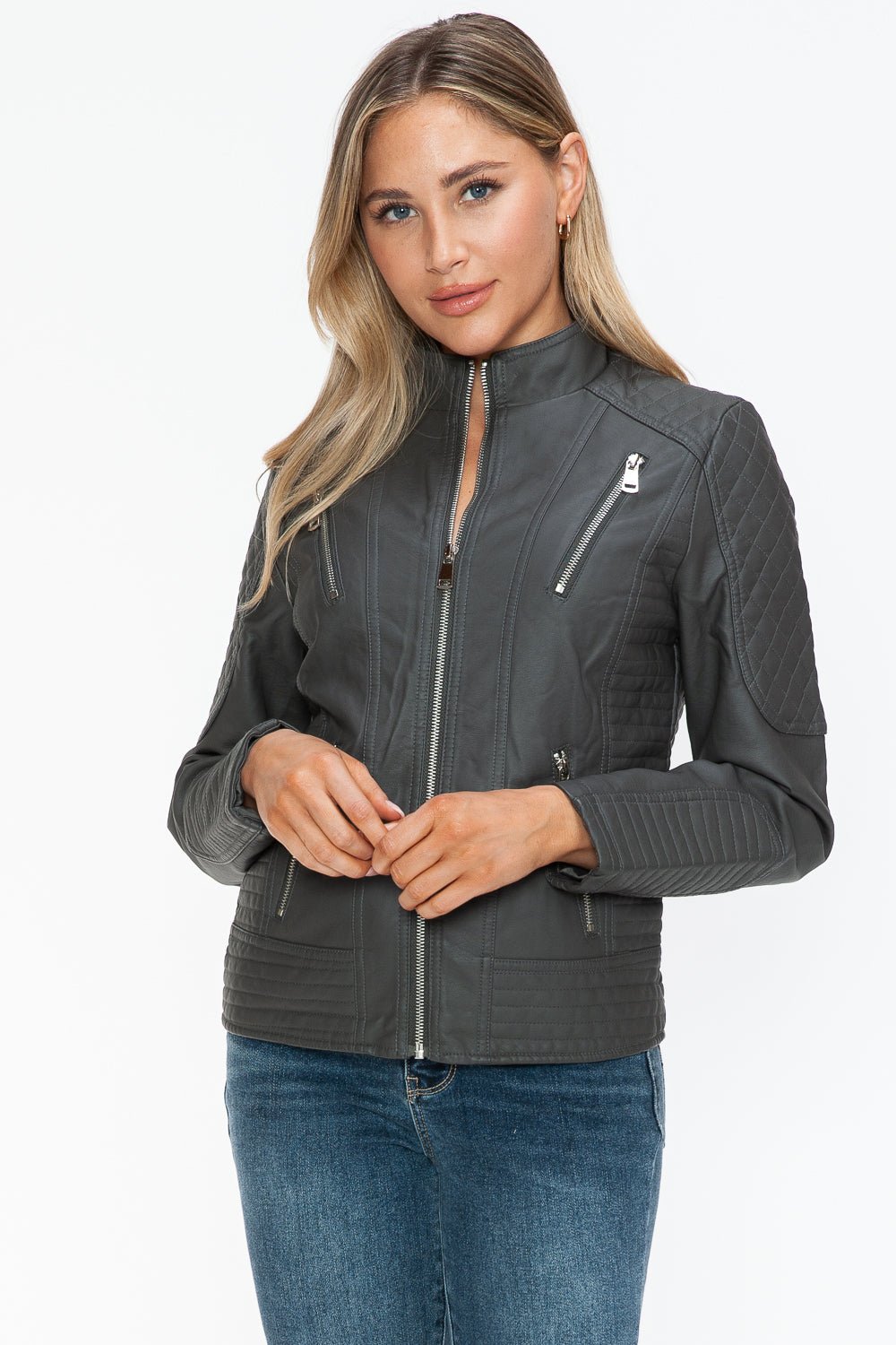 Snobbish Faux Leather Zip Up Mock Neck Jacket - Bold Rose Boutique