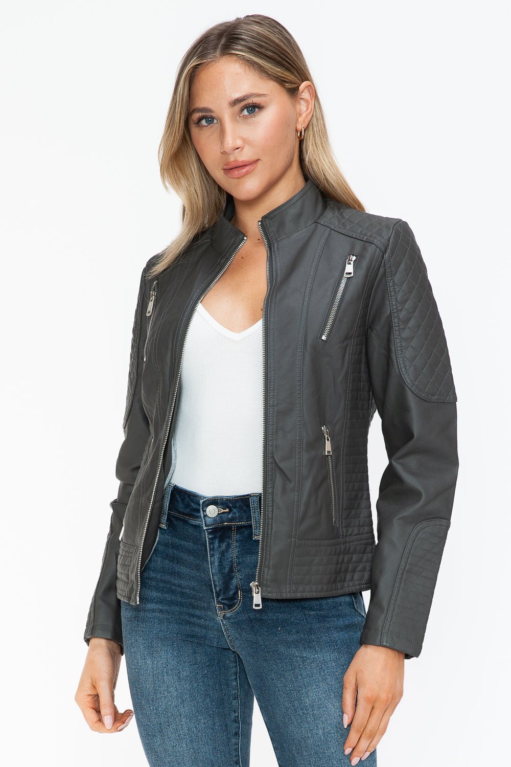 Snobbish Faux Leather Zip Up Mock Neck Jacket - Bold Rose Boutique