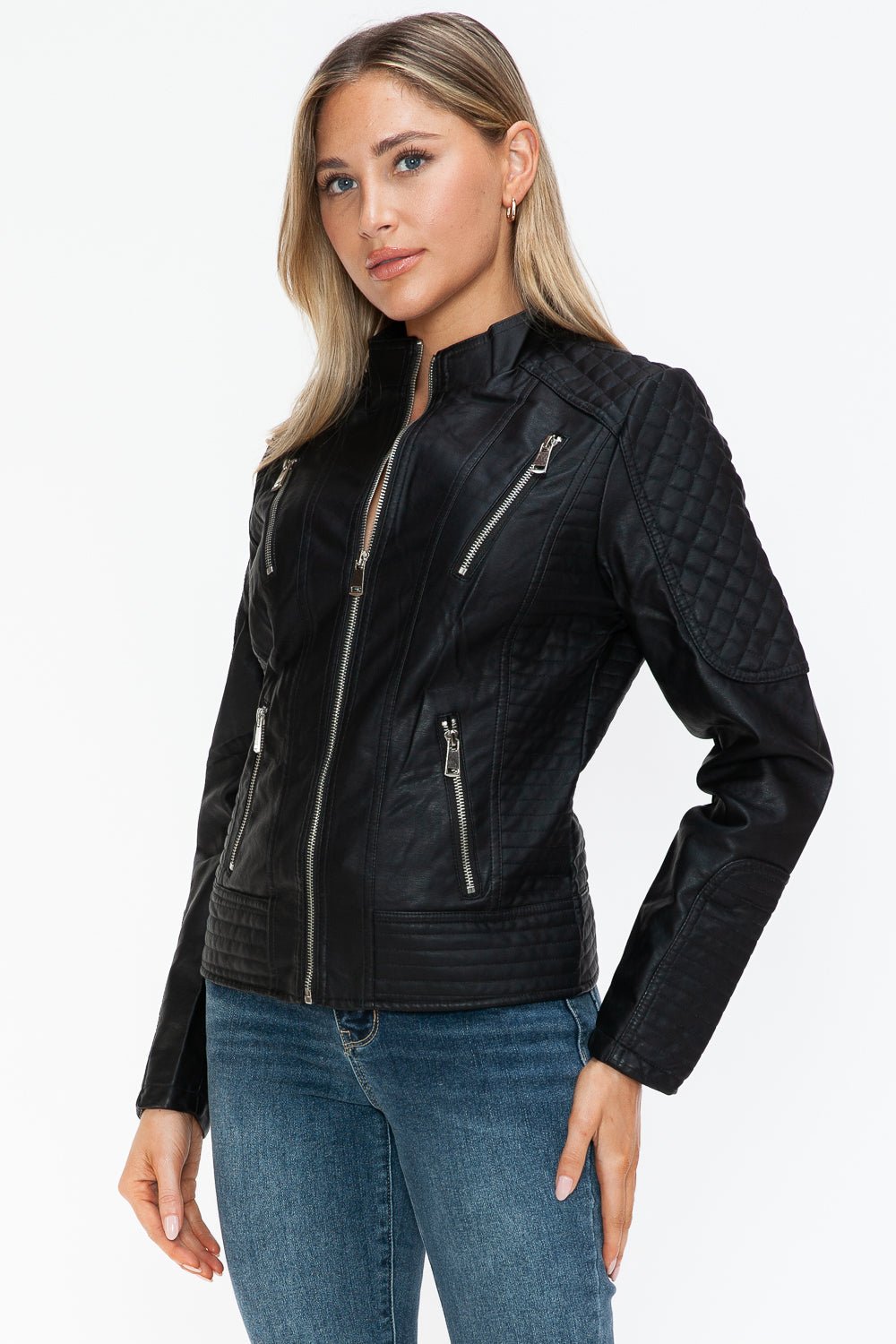 Snobbish Faux Leather Zip Up Mock Neck Jacket - Bold Rose Boutique