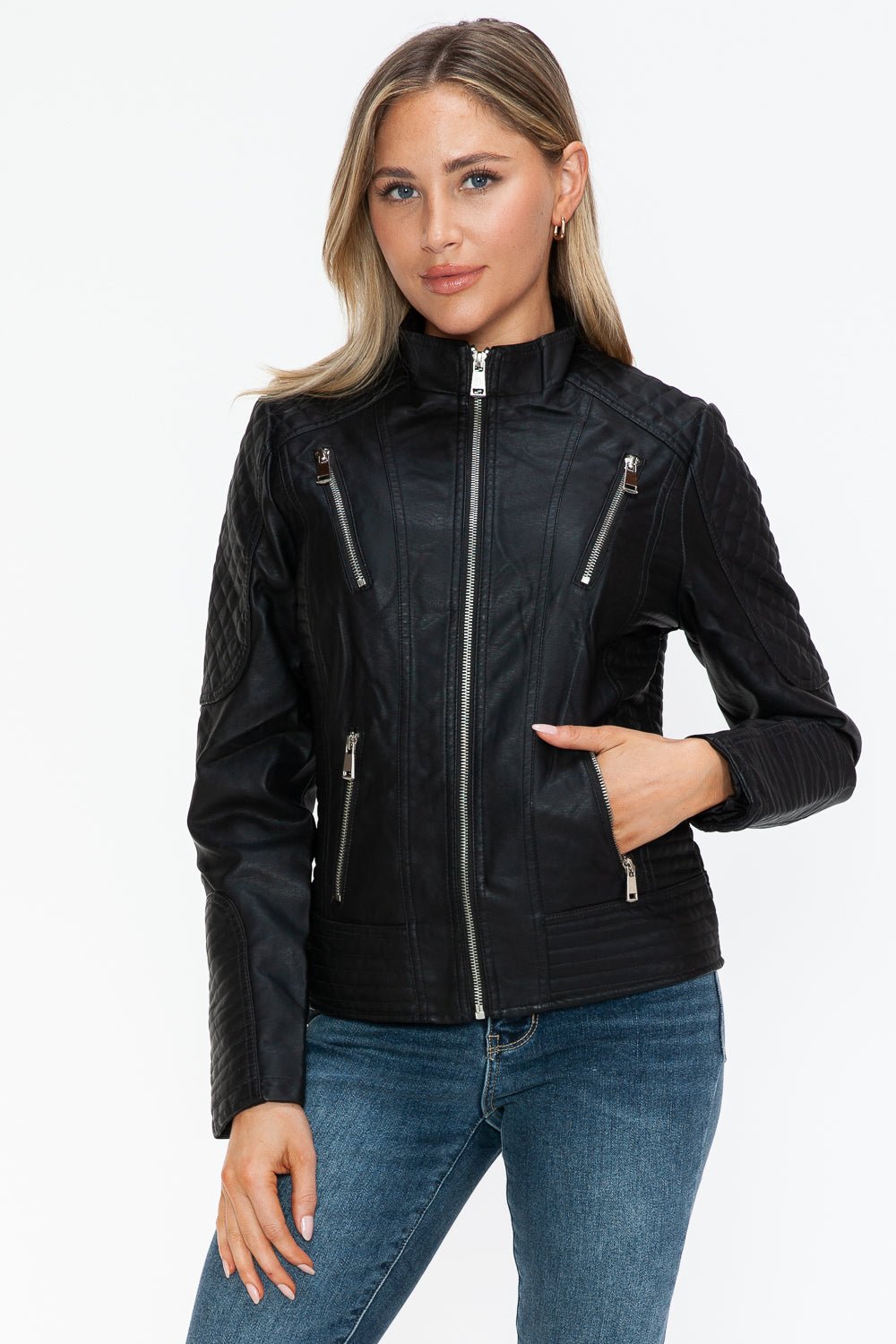 Snobbish Faux Leather Zip Up Mock Neck Jacket - Bold Rose Boutique