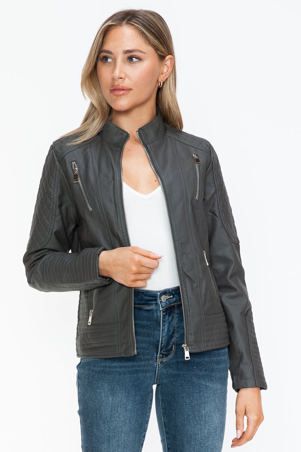 Snobbish Faux Leather Zip Up Mock Neck Jacket - Bold Rose Boutique