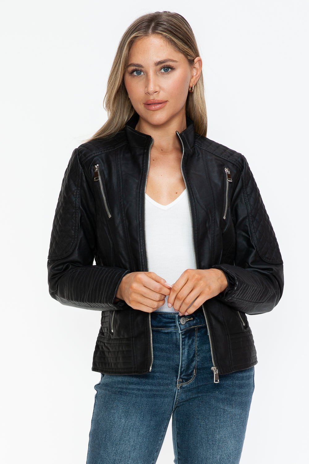 Snobbish Faux Leather Zip Up Mock Neck Jacket - Bold Rose Boutique