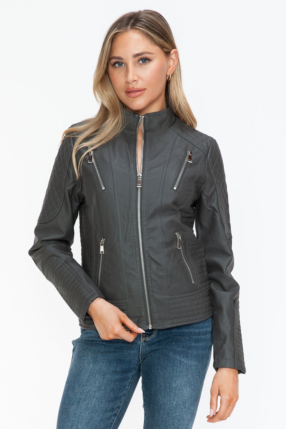 Snobbish Faux Leather Zip Up Mock Neck Jacket - Bold Rose Boutique