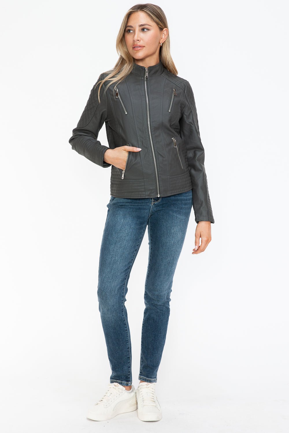 Snobbish Faux Leather Zip Up Mock Neck Jacket - Bold Rose Boutique