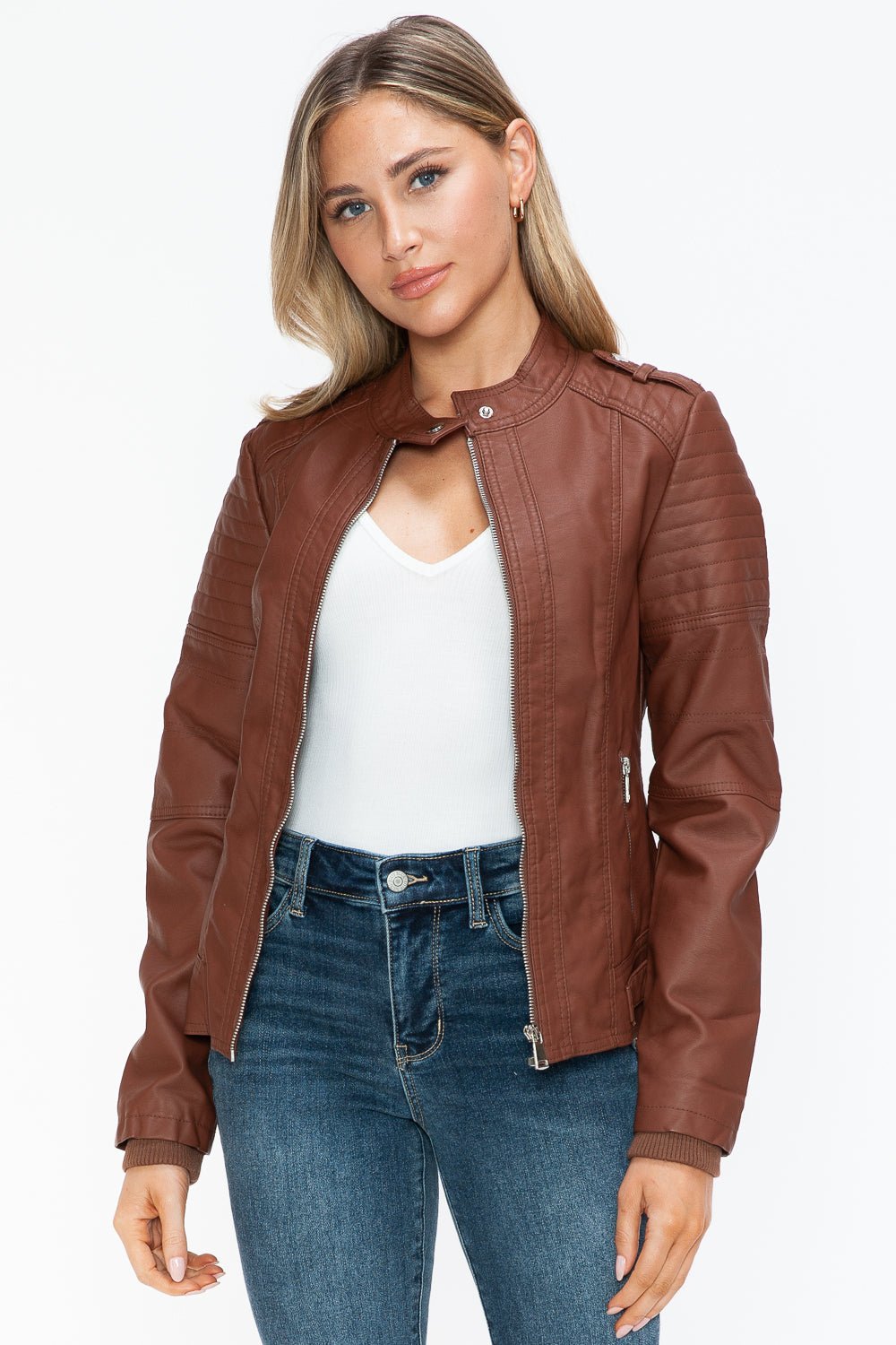 Snobbish PU Leather Biker Jacket with Side Zip Pockets - Bold Rose Boutique