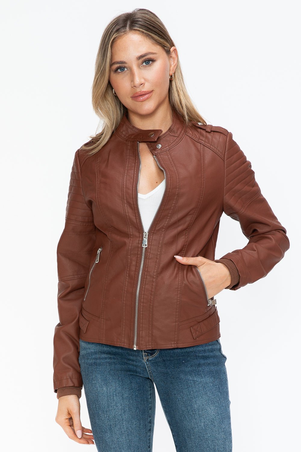 Snobbish PU Leather Biker Jacket with Side Zip Pockets - Bold Rose Boutique