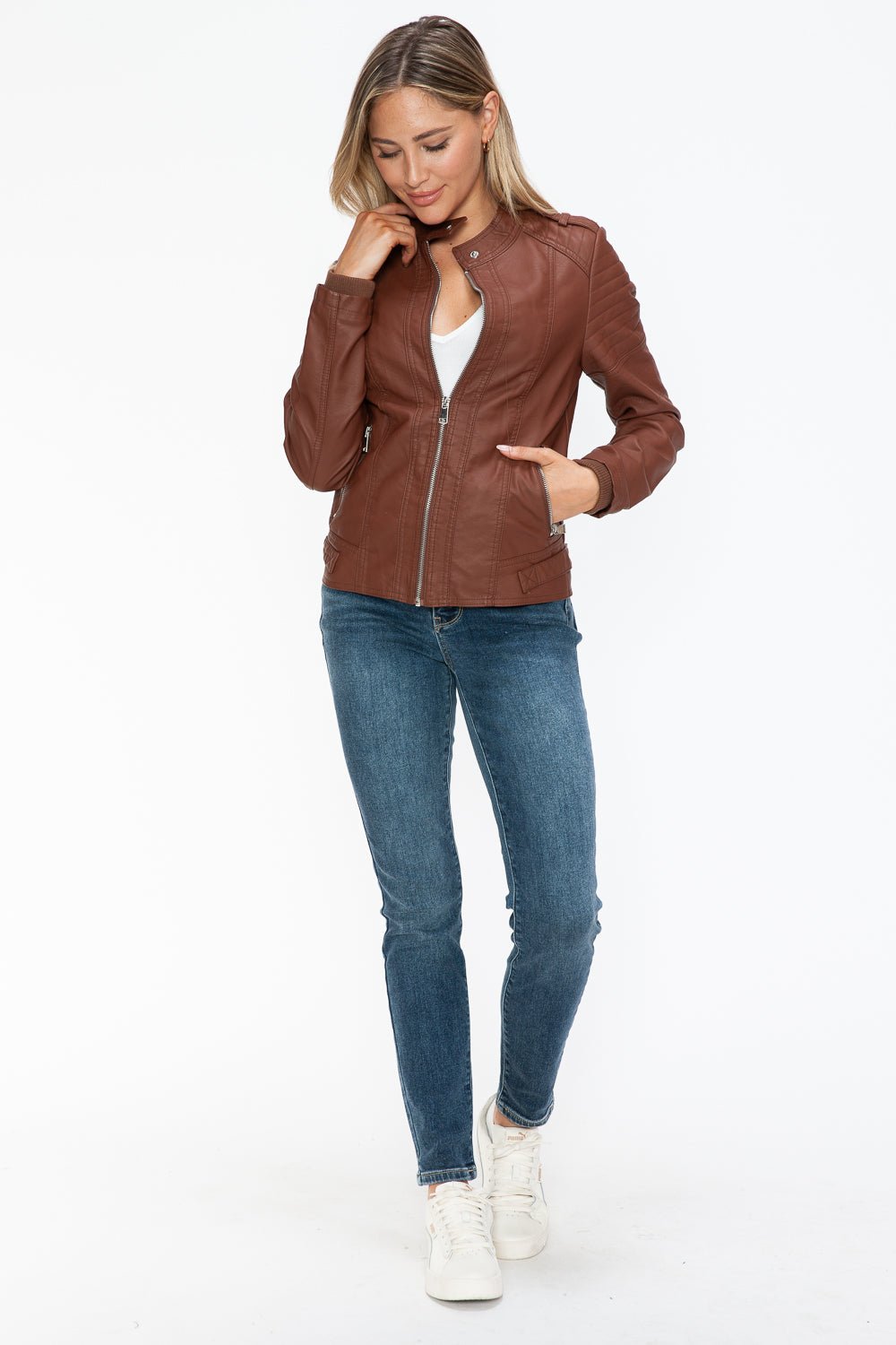 Snobbish PU Leather Biker Jacket with Side Zip Pockets - Bold Rose Boutique