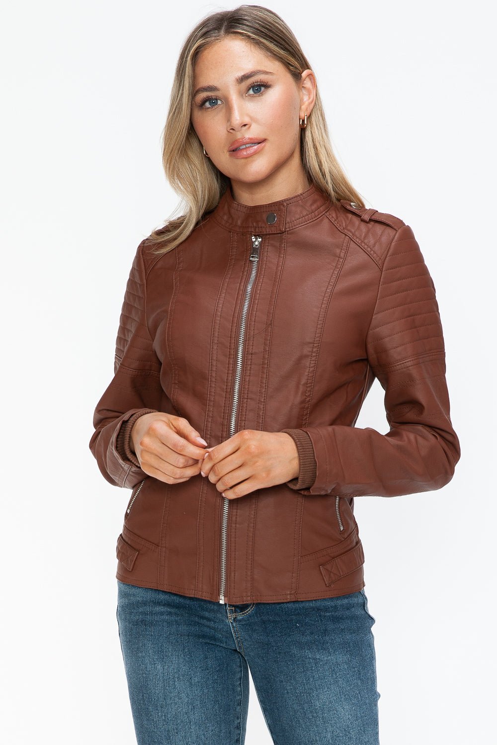 Snobbish PU Leather Biker Jacket with Side Zip Pockets - Bold Rose Boutique