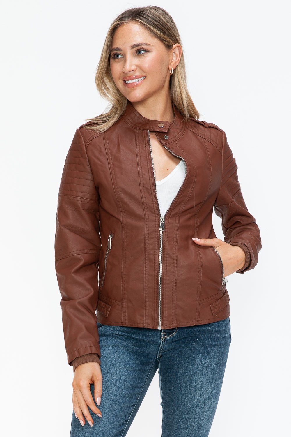 Snobbish PU Leather Biker Jacket with Side Zip Pockets - Bold Rose Boutique