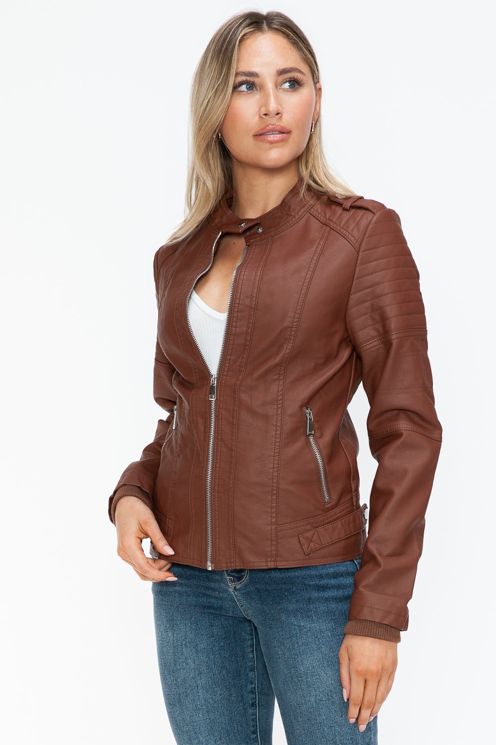 Snobbish PU Leather Biker Jacket with Side Zip Pockets - Bold Rose Boutique