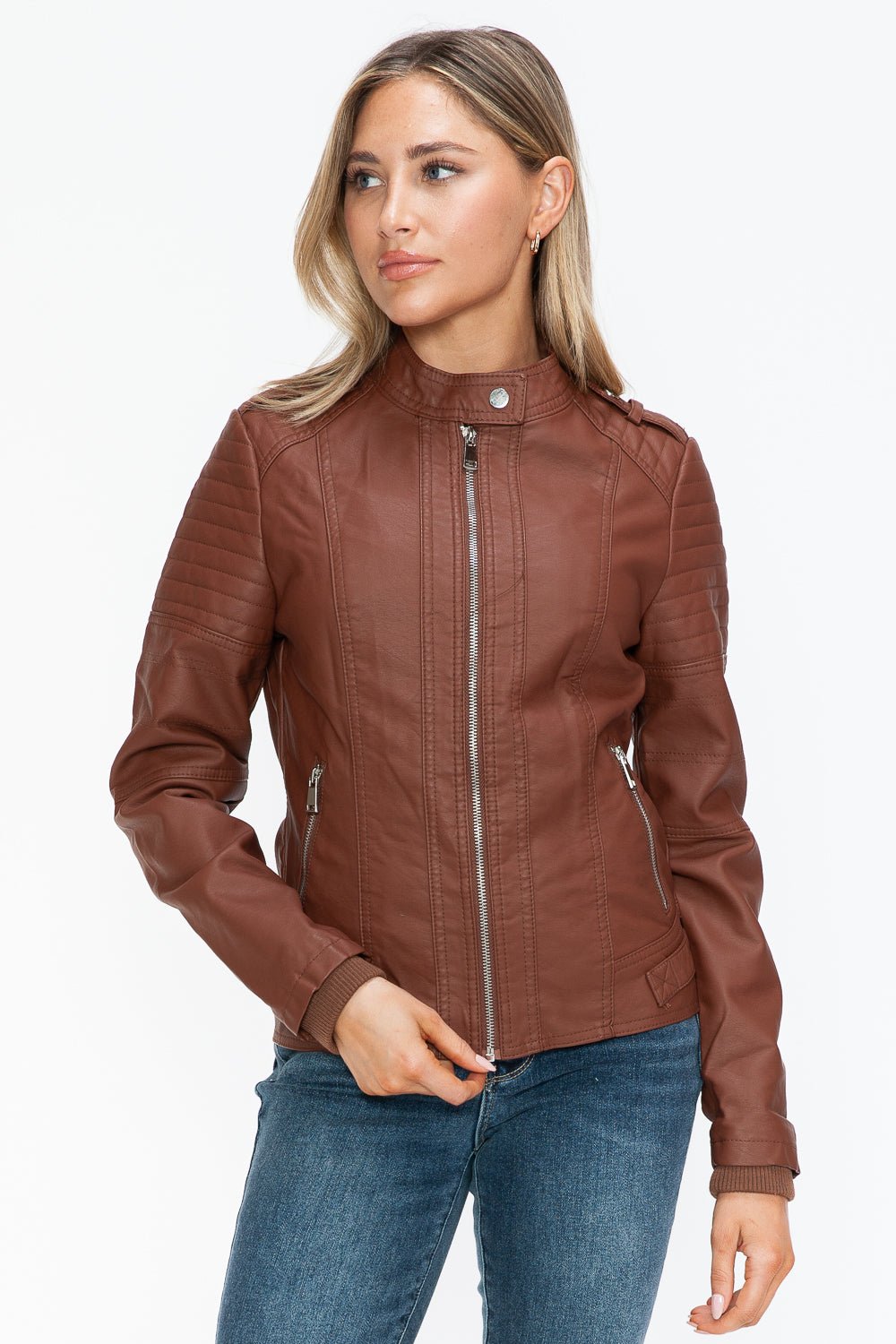 Snobbish PU Leather Biker Jacket with Side Zip Pockets - Bold Rose Boutique