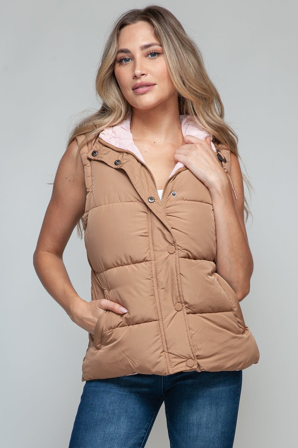 Snobbish Snap and Zip Closure Hooded Vest - Bold Rose Boutique