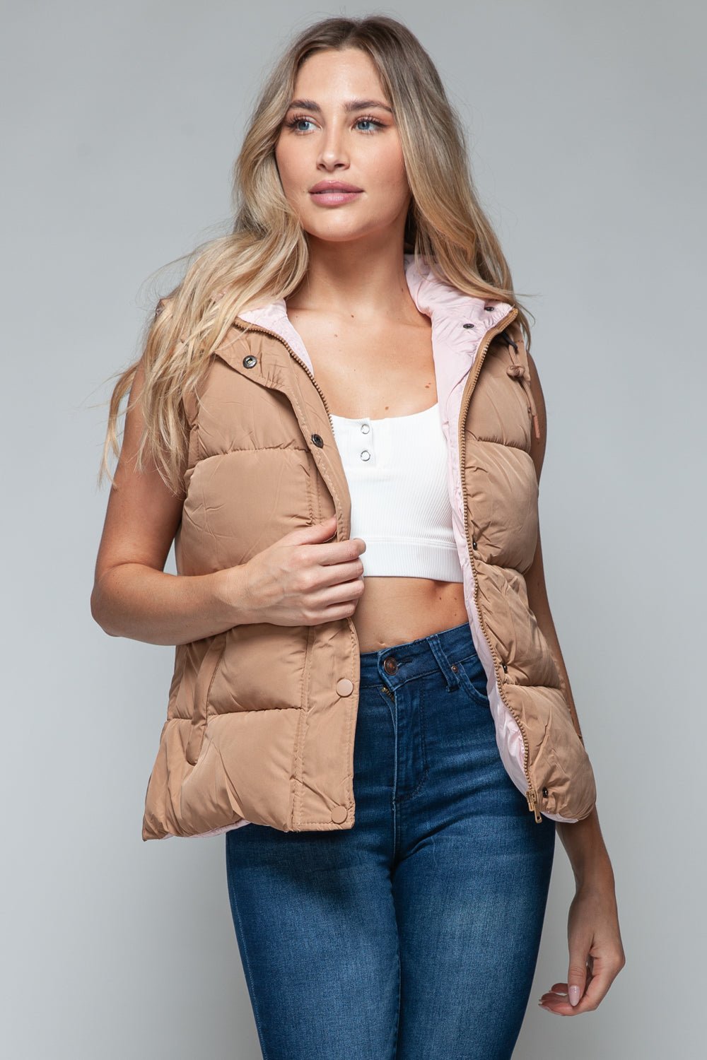 Snobbish Snap and Zip Closure Hooded Vest - Bold Rose Boutique