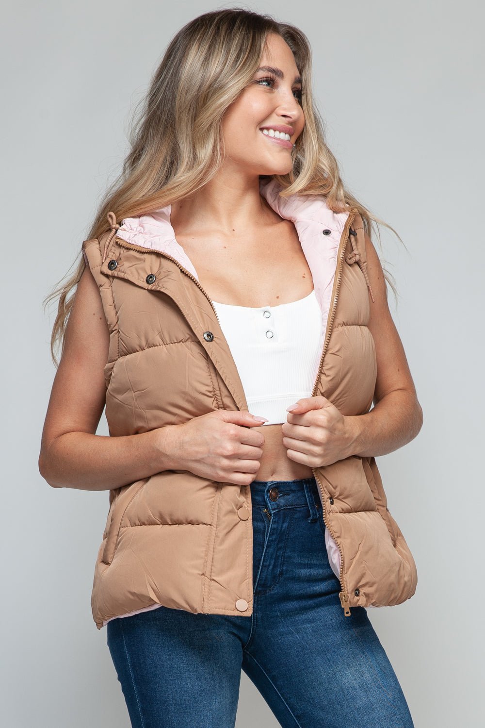 Snobbish Snap and Zip Closure Hooded Vest - Bold Rose Boutique