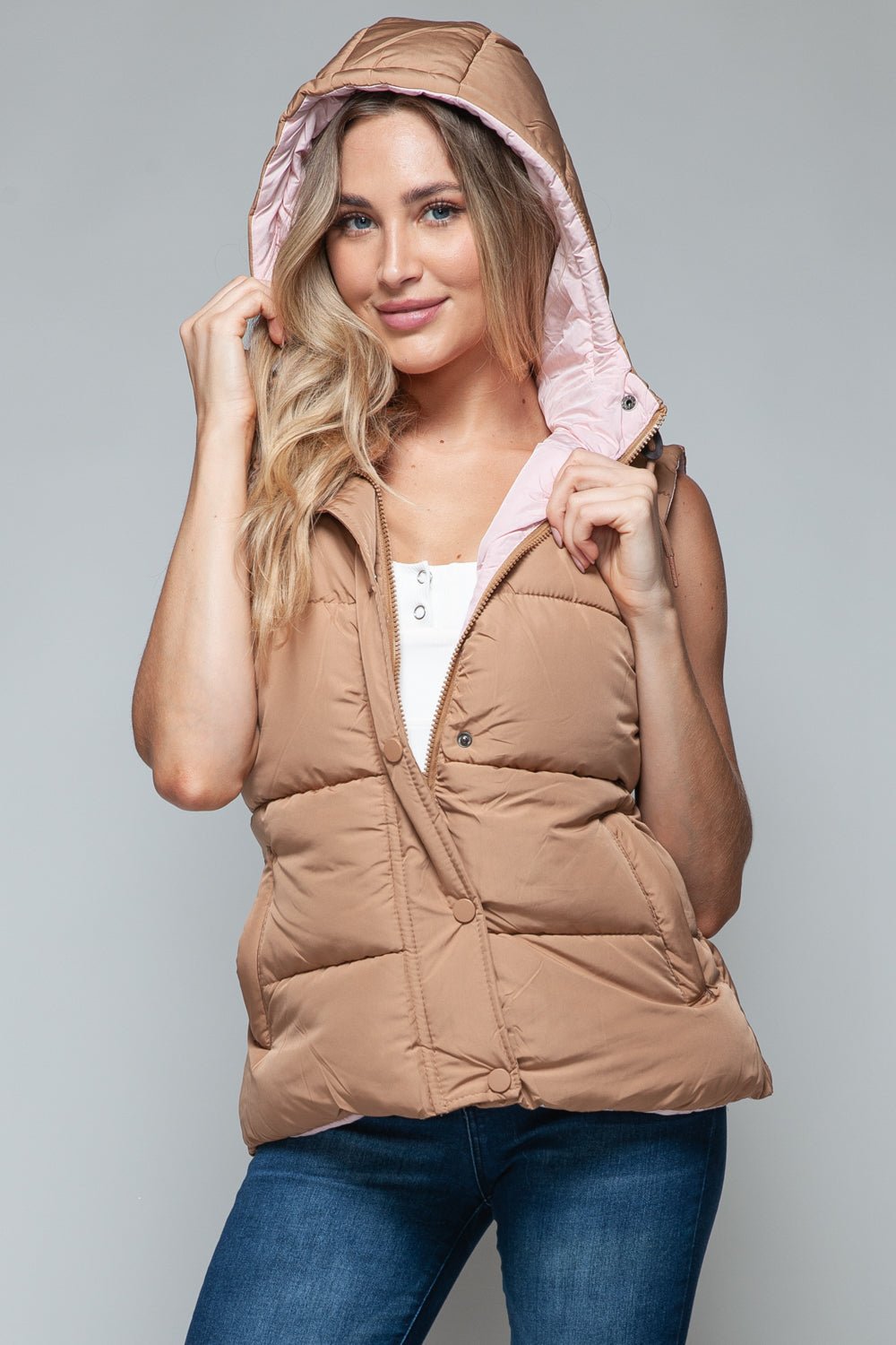 Snobbish Snap and Zip Closure Hooded Vest - Bold Rose Boutique