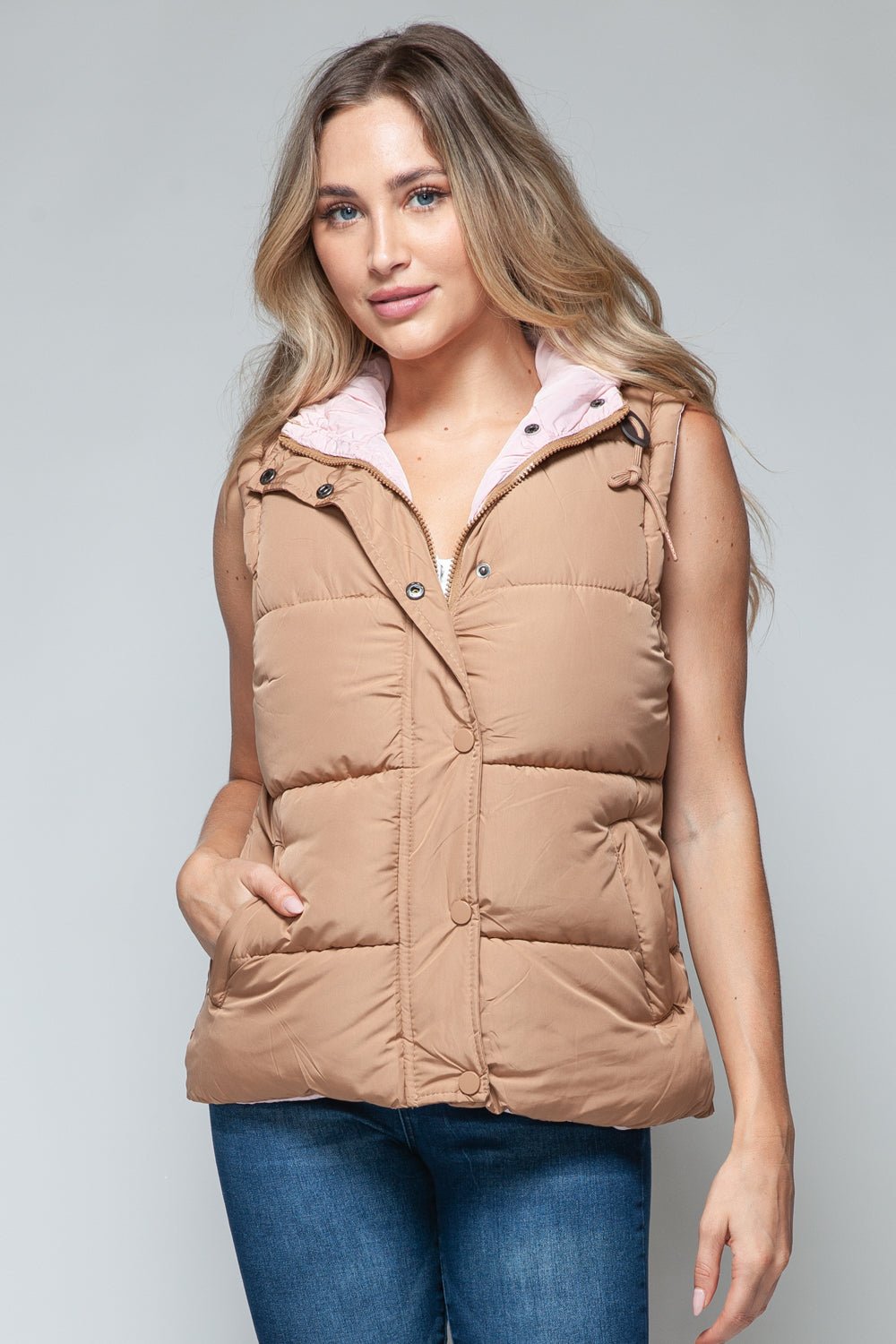 Snobbish Snap and Zip Closure Hooded Vest - Bold Rose Boutique