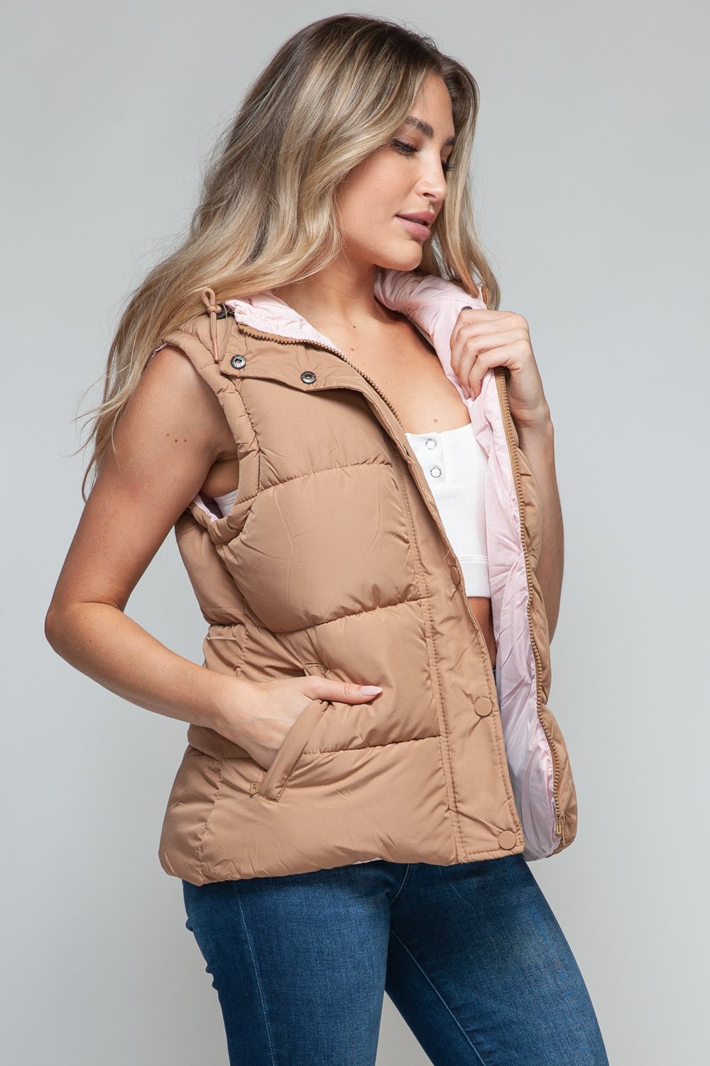 Snobbish Snap and Zip Closure Hooded Vest - Bold Rose Boutique