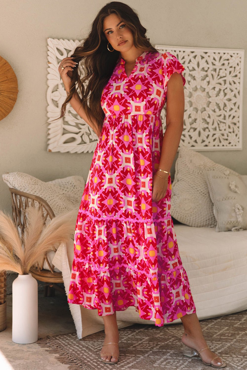 Strawberry Pink Geo Print V - neck Maxi Dress - Bold Rose Boutique