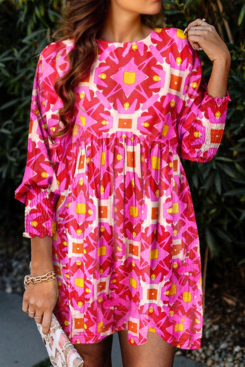 Strawberry Pink Geometric Print Smocked Long Sleeve Mini Dress - Bold Rose Boutique