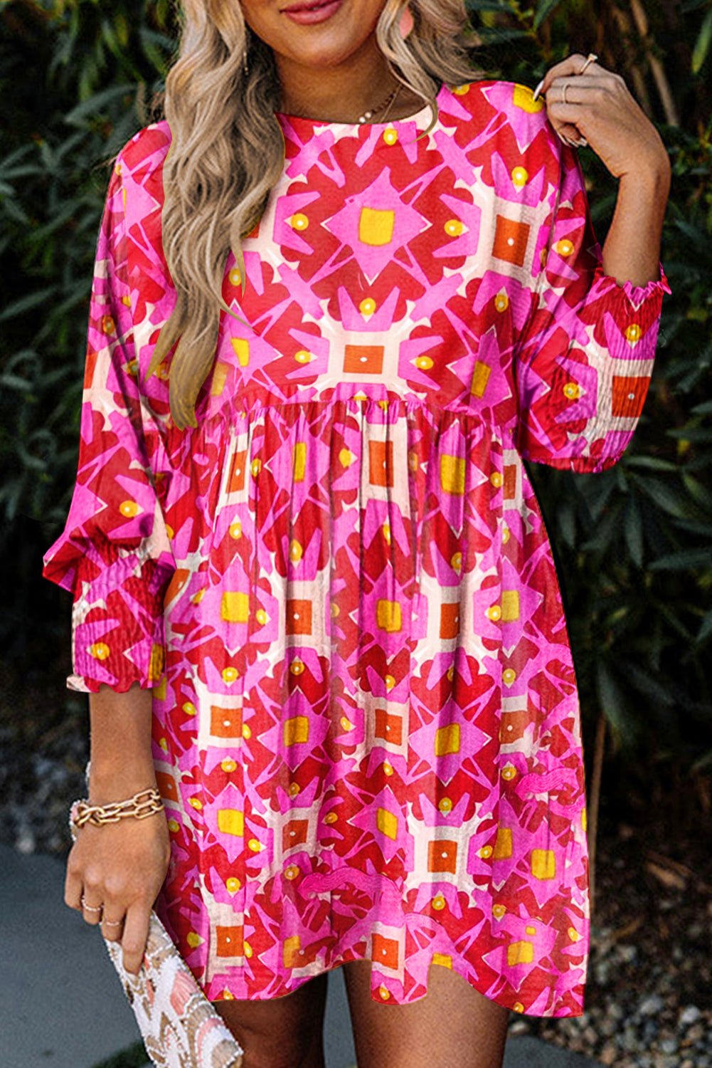 Strawberry Pink Geometric Print Smocked Long Sleeve Mini Dress - Bold Rose Boutique