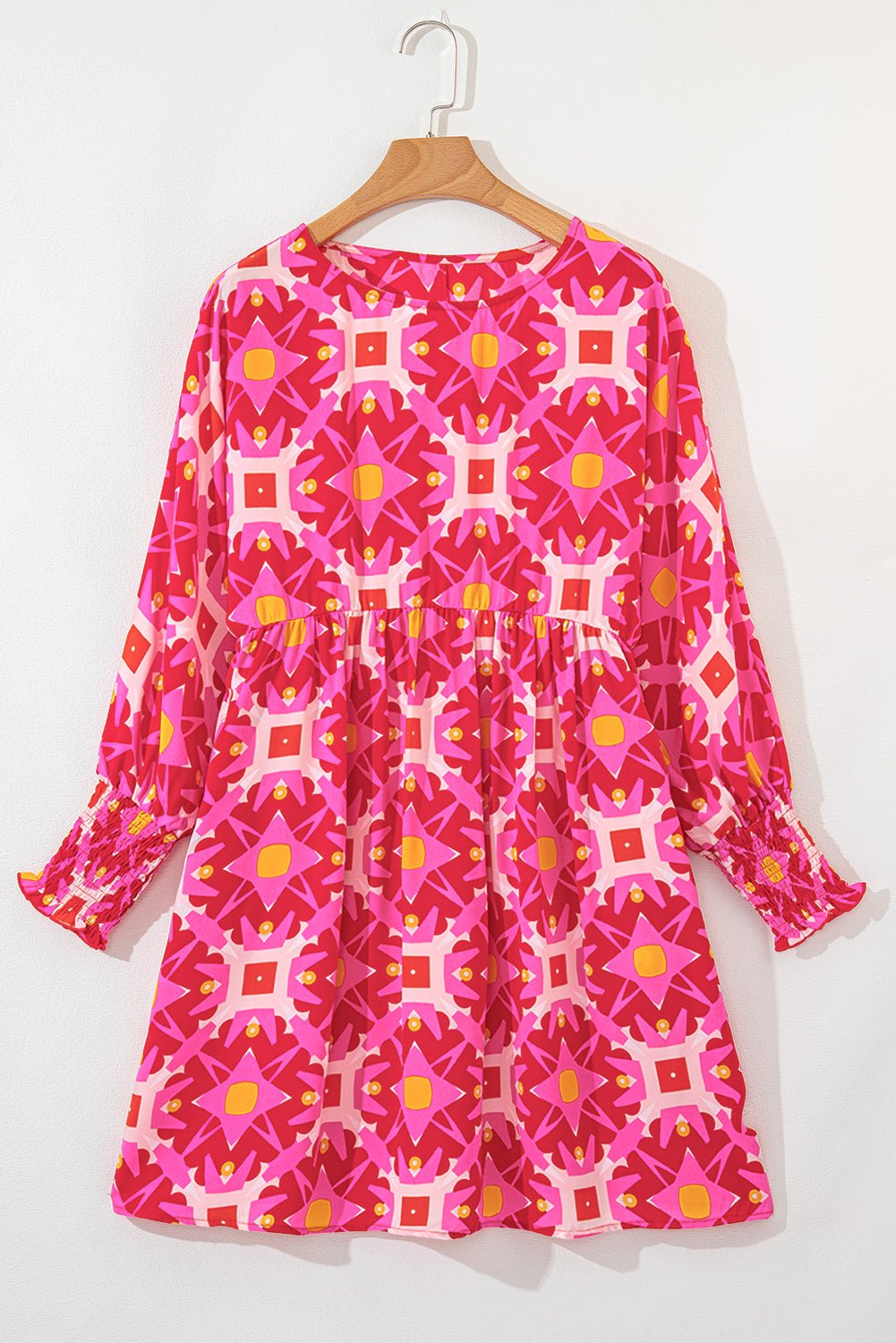 Strawberry Pink Geometric Print Smocked Long Sleeve Mini Dress - Bold Rose Boutique