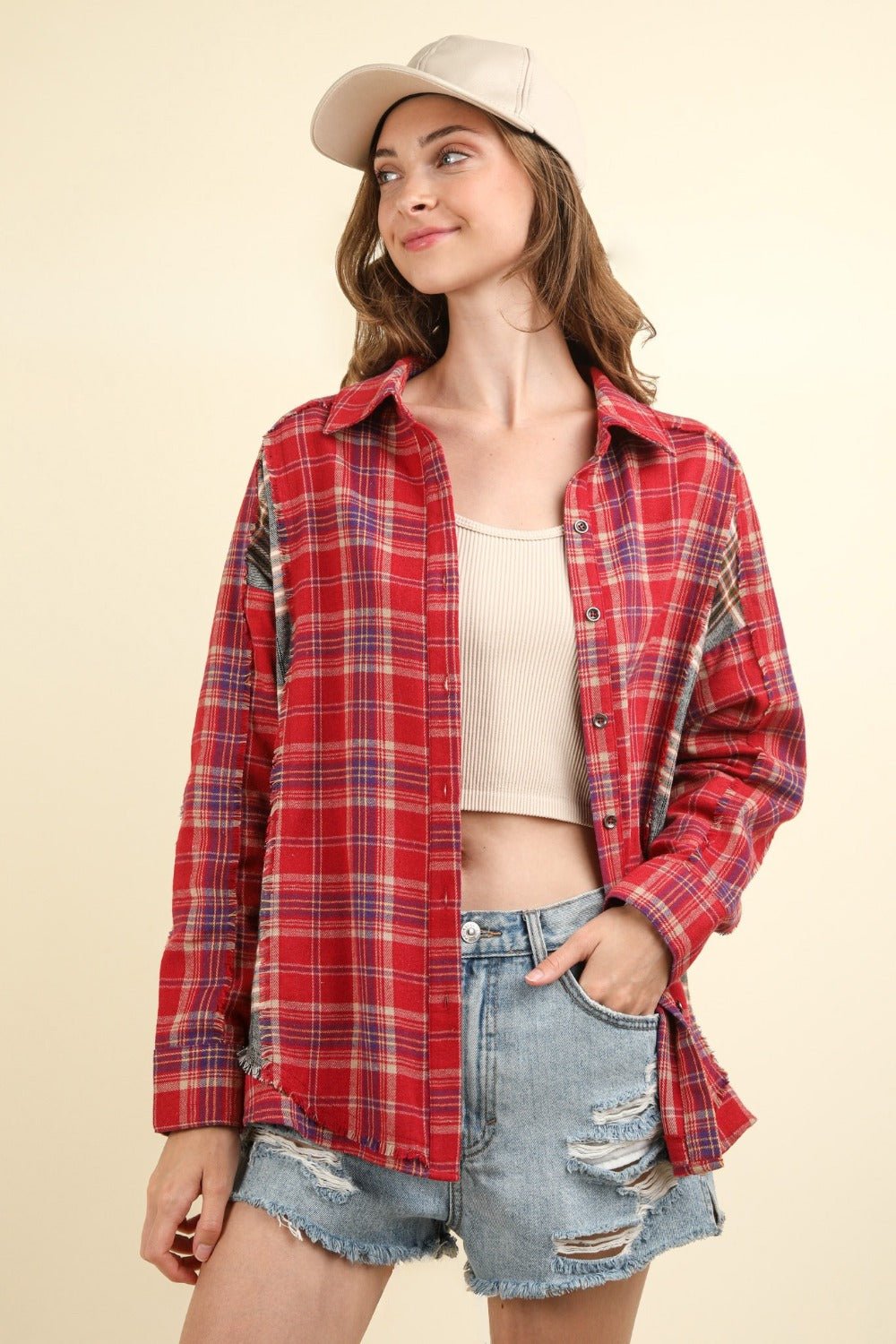 VERY J Contrast Plaid Raw Detail Shirt - Bold Rose Boutique