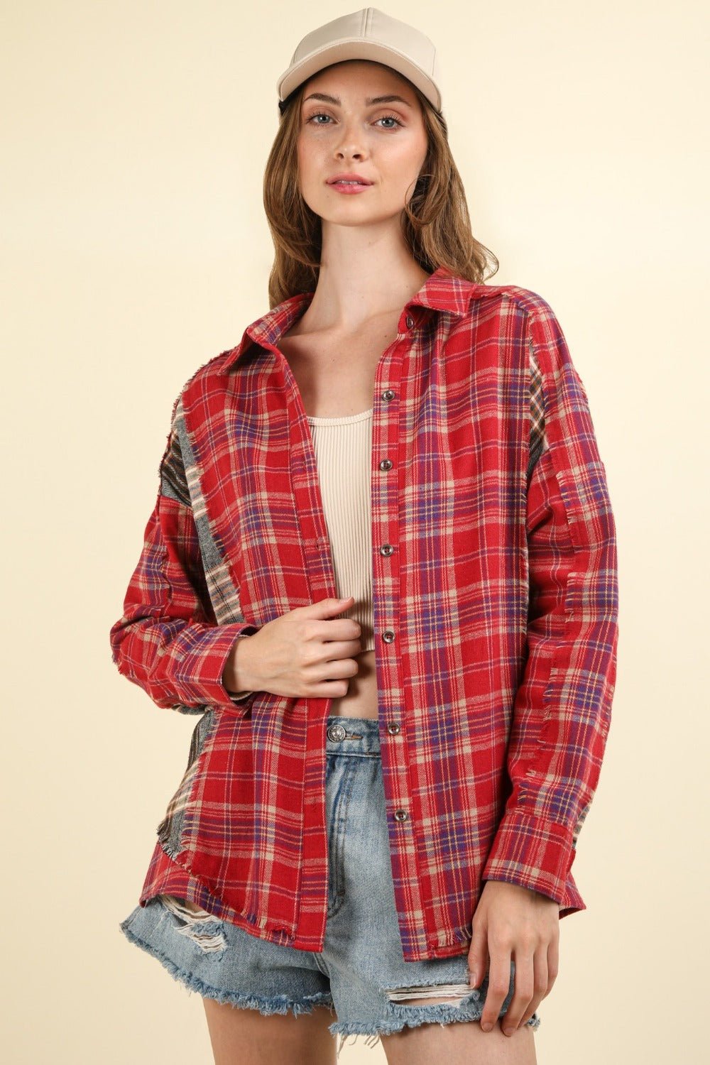 VERY J Contrast Plaid Raw Detail Shirt - Bold Rose Boutique