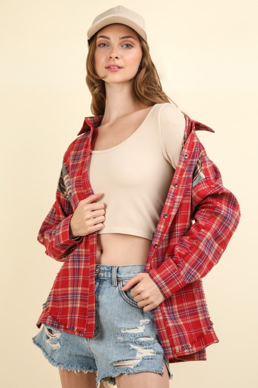 VERY J Contrast Plaid Raw Detail Shirt - Bold Rose Boutique