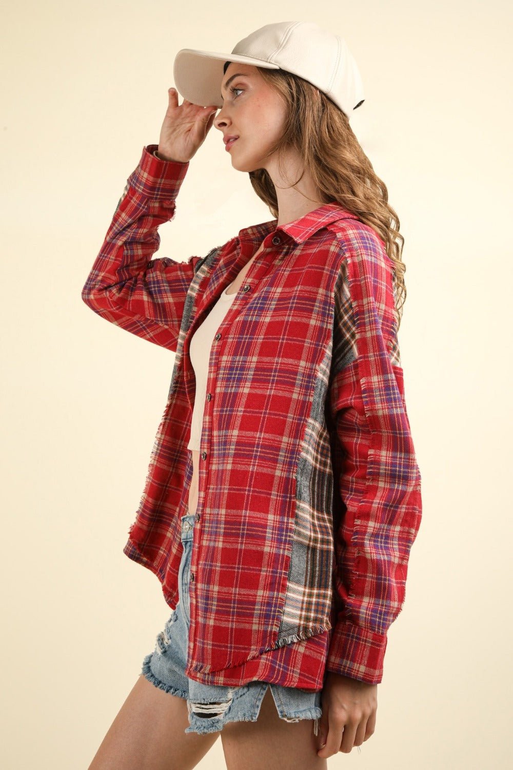 VERY J Contrast Plaid Raw Detail Shirt - Bold Rose Boutique