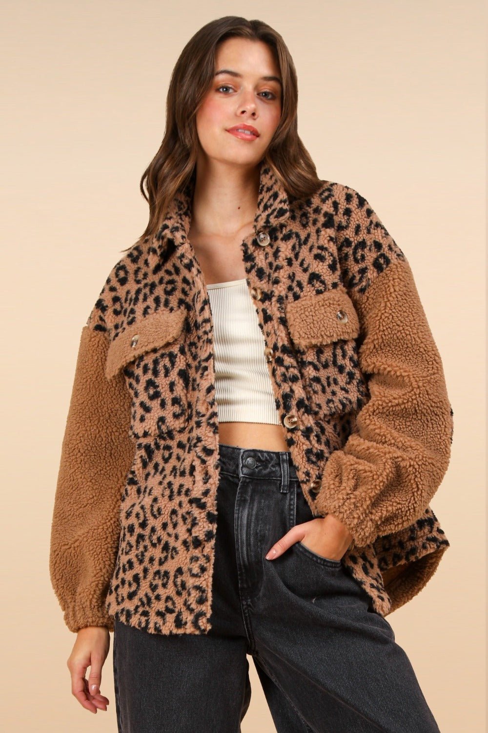 VERY J Fuzzy Leopard Button Down Long Sleeve Jacket - Bold Rose Boutique