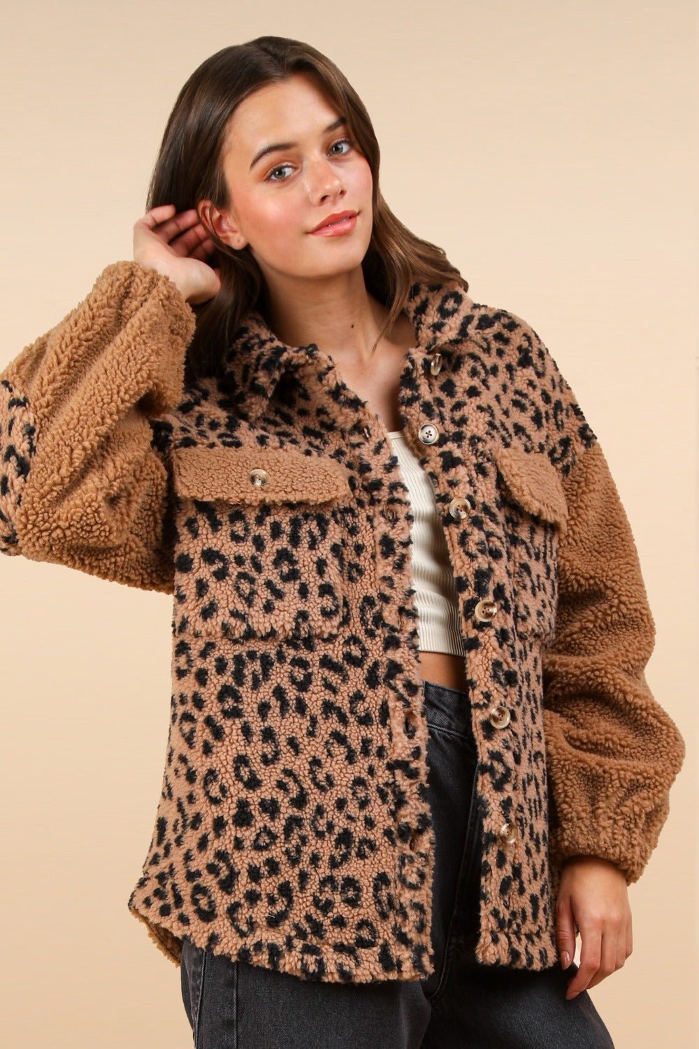 VERY J Fuzzy Leopard Button Down Long Sleeve Jacket - Bold Rose Boutique