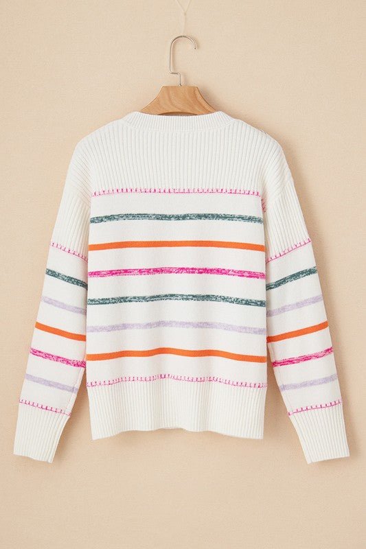 White Colorful Striped Ribbed Trim Sweater - Bold Rose Boutique