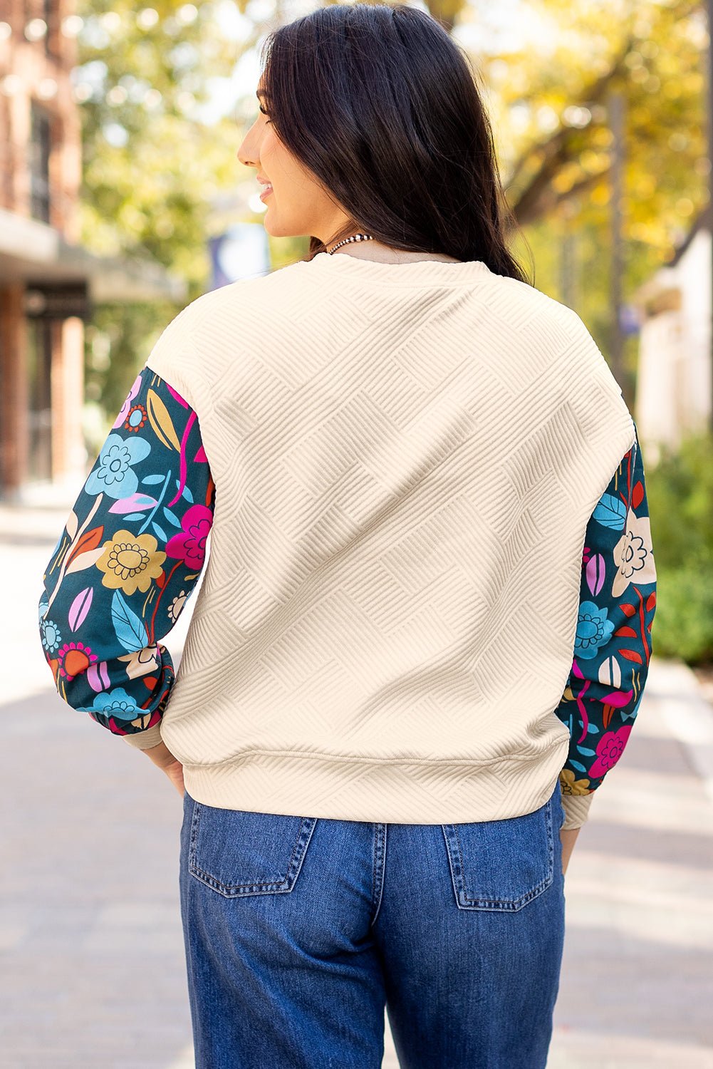 White Contrast Floral Sleeve Textured Drop Shoulder Knit Top - Bold Rose Boutique