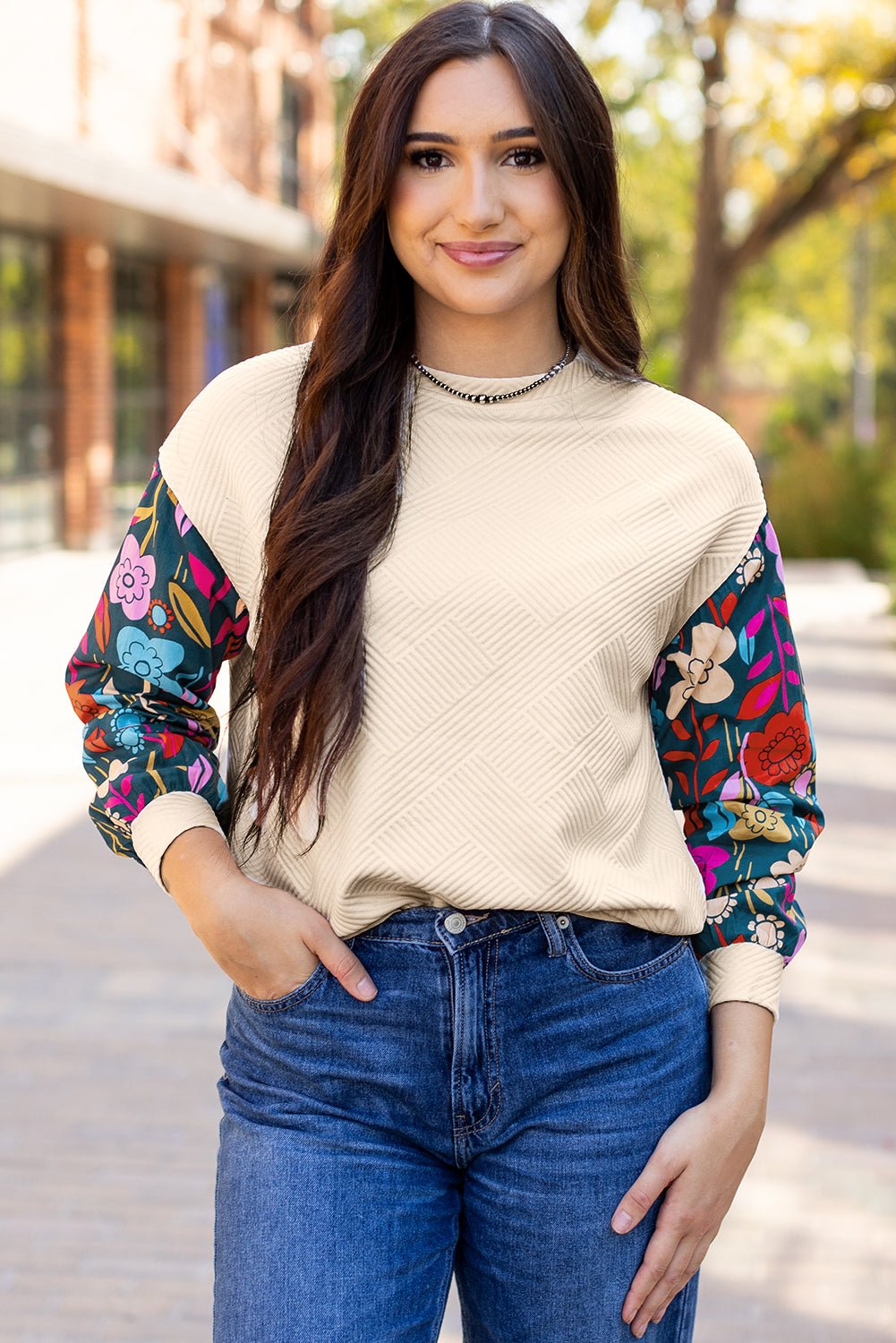 White Contrast Floral Sleeve Textured Drop Shoulder Knit Top - Bold Rose Boutique