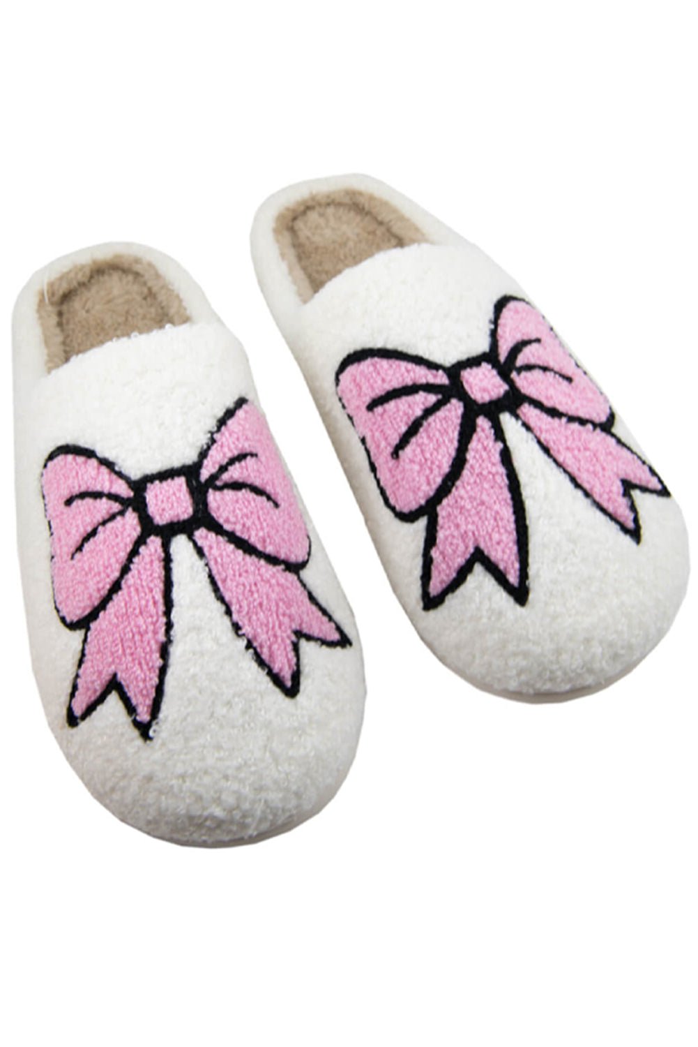 White Cute Bowknot Pattern Fuzzy Winter Home Slippers - Bold Rose Boutique