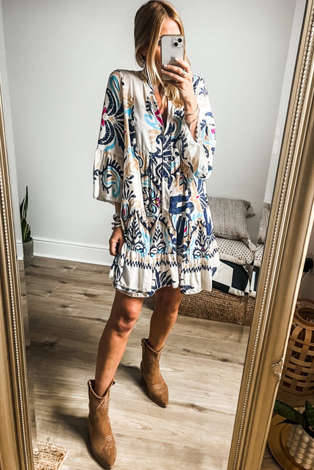 White Printed Tribal Bracelet Sleeve Buttoned Mini Dress - Bold Rose Boutique