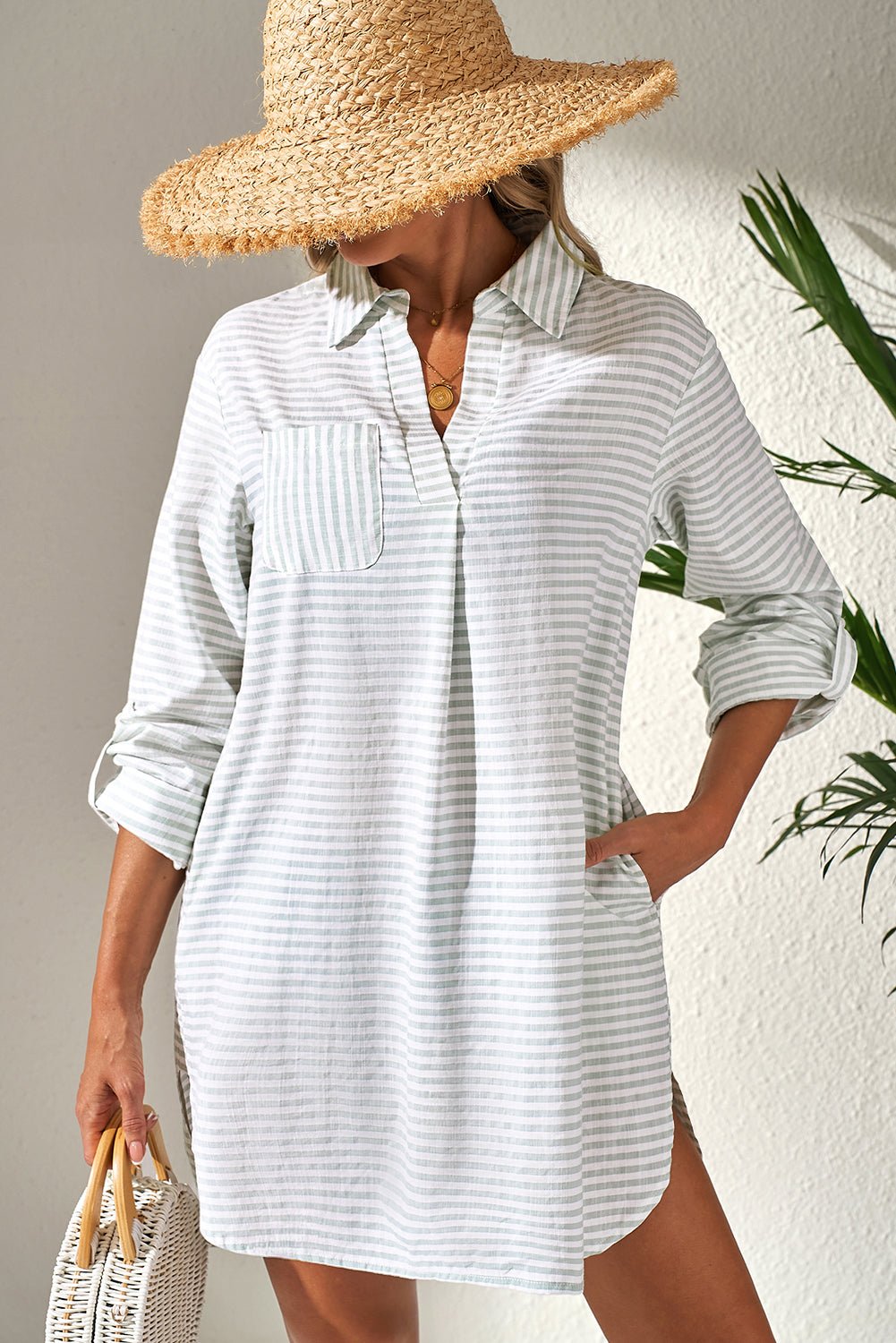 White Stripe Collared V Neck Chest Pocket Long Sleeve Beach Cover up - Bold Rose Boutique