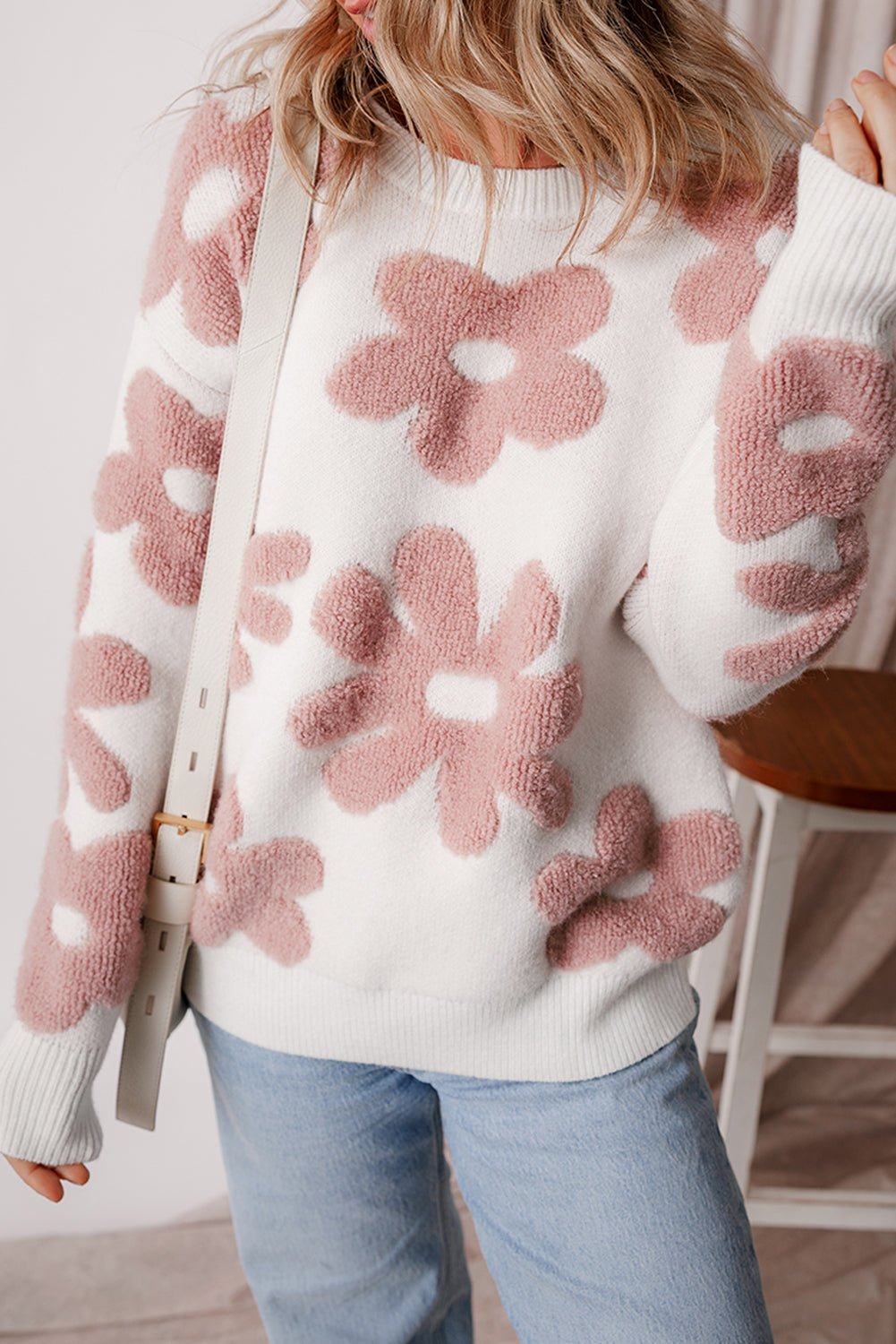 White Textured Flower Drop Shoulder Loose Sweater - Bold Rose Boutique