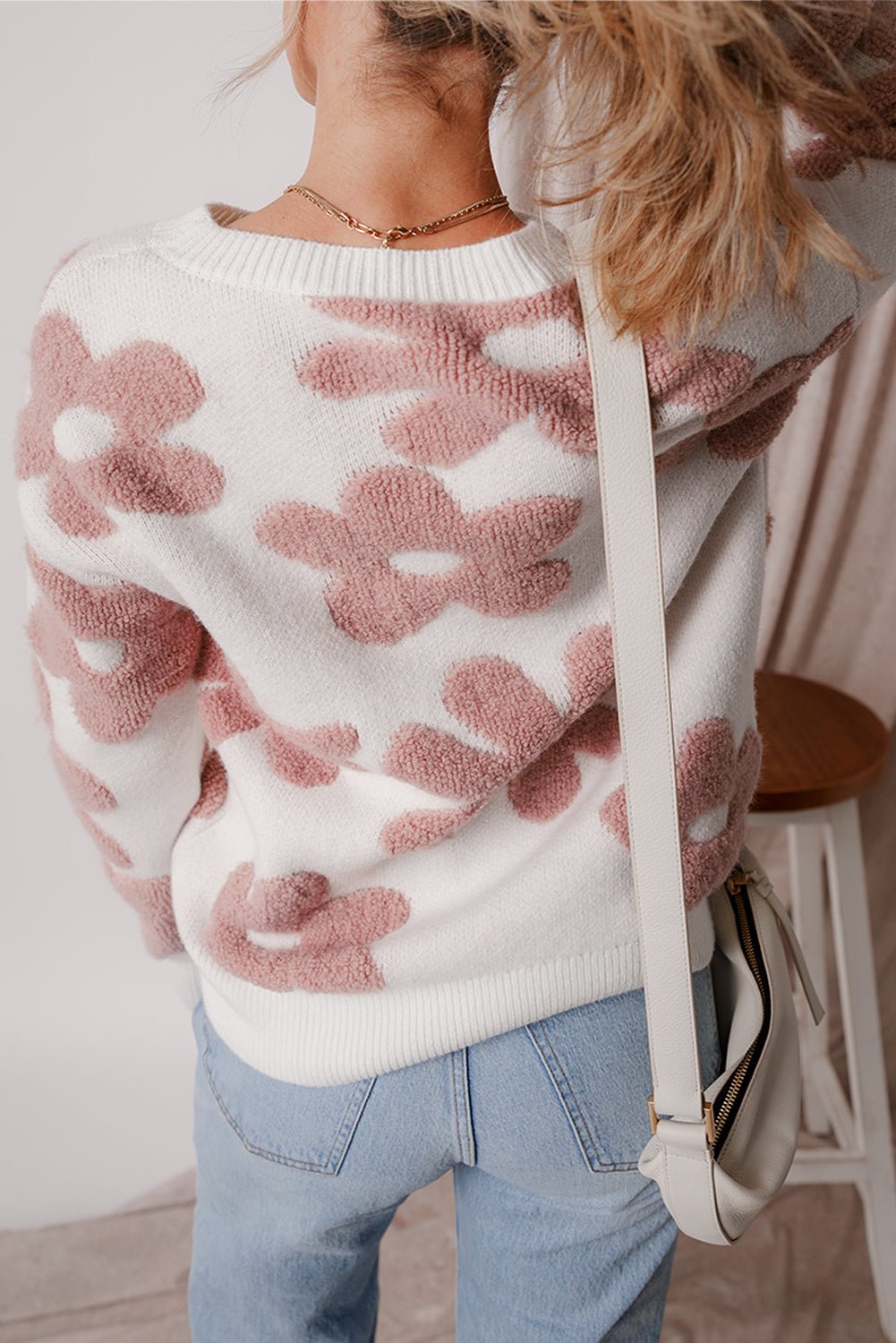 White Textured Flower Drop Shoulder Loose Sweater - Bold Rose Boutique