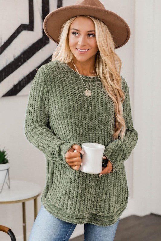 Women Long Sleeve Round Hem Cable Knit Sweater - Bold Rose Boutique