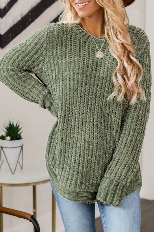 Women Long Sleeve Round Hem Cable Knit Sweater - Bold Rose Boutique